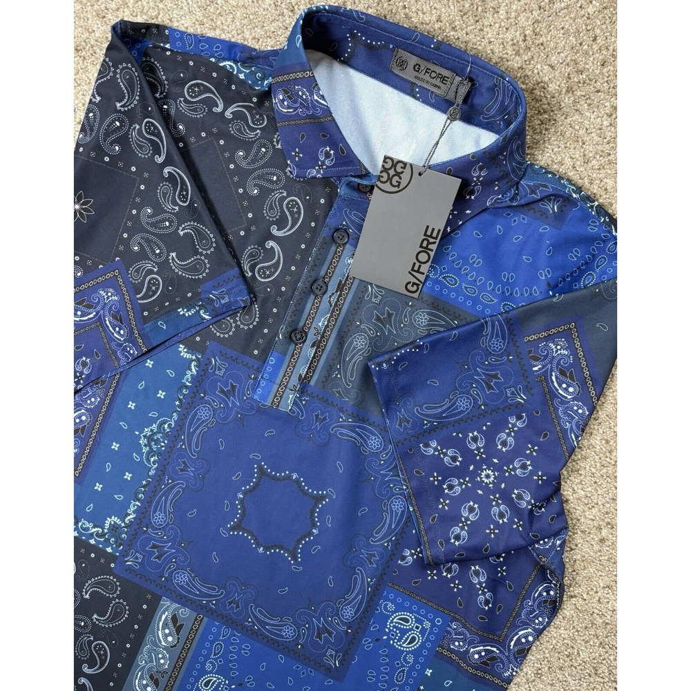 NWT G FORE Mens L Short Sleeve‎ Shirt Blue Bandana Twilight Paisley Polo Golf